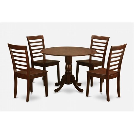 East West Furniture 5PC Kitchen Round Table with 2 Drop Leaves and 4 Ladder-back Chairs with Wood Seat DLML5-MAH-W